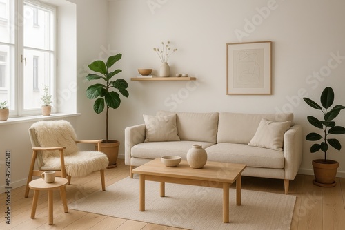 Wallpaper Mural Scandinavian interior design featuring natural wood furniture and neutral textiles in minimalist living space Torontodigital.ca