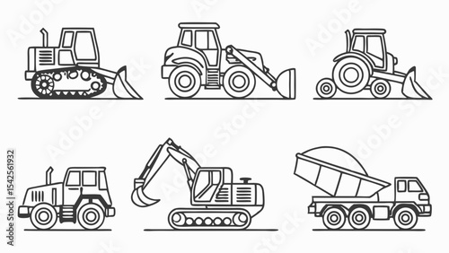Construction Machinery Icons of Bulldozer, Excavator, Tractor, and Dump Truck