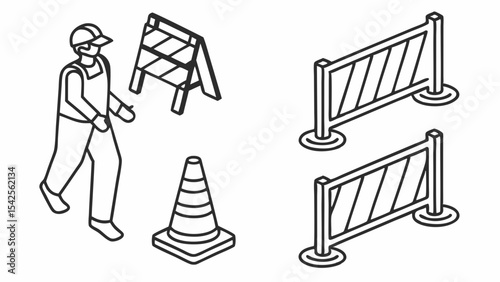 Construction Site Safety Worker, Barriers, and Cones Illustration