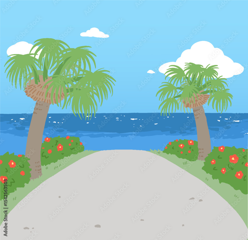 Obraz premium 南国の海の見える道のベクターイラスト 