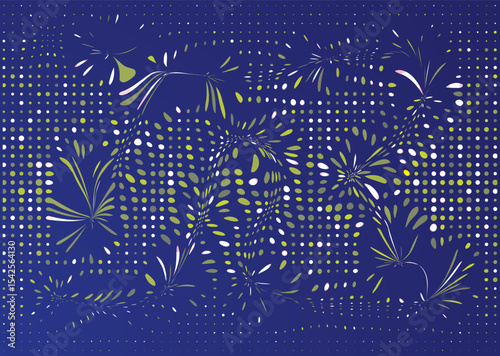 An abstract background featuring a blue gradient with a wavy dotted pattern, interspersed with stylized, elongated plant or leaf shapes in shades of green, yellow, and white