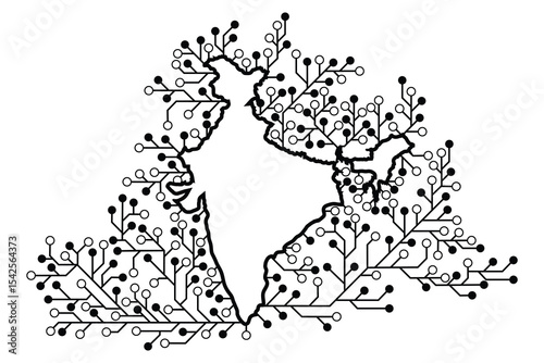 India map with circuit board tree on a white screen for communication technology background concept 