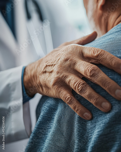 A poignant close-up of a senior patient's hand resting gently on a doctor's shoulder, conveying a moment of compassion, trust, and reassurance in a healthcare setting