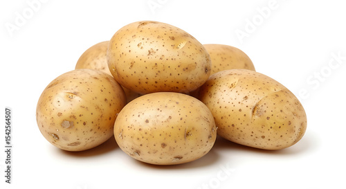 A group of six yukon gold potatoes clustered together on a plain white surface in a studio shot