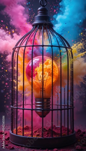 Illuminated Captivity: A vibrant light bulb explodes within a birdcage, a captivating interplay of color and confinement.