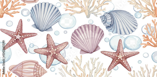 Watercolor seamless pattern with Seashells, Starfish, and Corals in soft pastel tones. Illustration of underwater background for wallpapers or wrapping paper in nautical style.