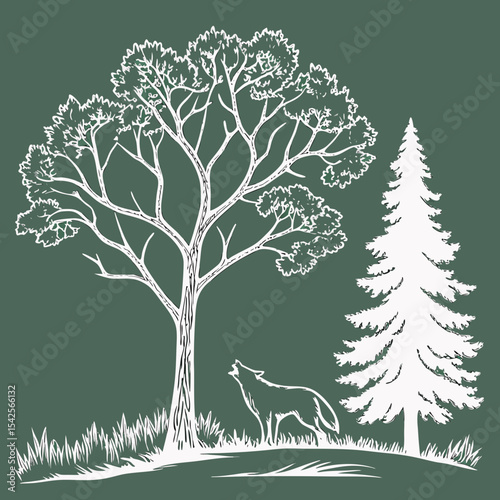 Architectural Drawings, Minimal style cad tree line drawing, Side view, set of section wildlife forest outline symbol for landscape design drawing. Vector illustration in stroke fill in white