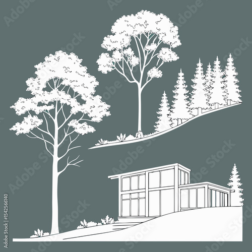 Architectural Drawings, Minimal style cad tree line drawing, Side view, set of section wildlife forest outline symbol for landscape design drawing. Vector illustration in stroke fill in white