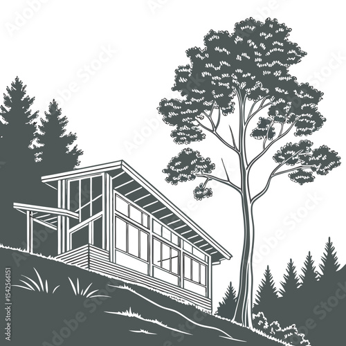 Architectural Drawings, Minimal style cad tree line drawing, Side view, set of section wildlife forest outline symbol for landscape design drawing. Vector illustration in stroke fill in white