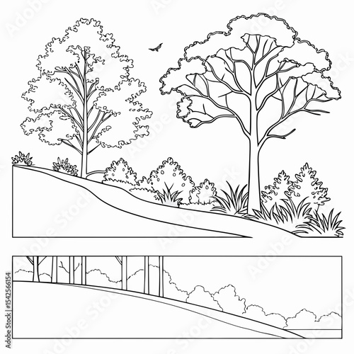 Architectural Drawings, Minimal style cad tree line drawing, Side view, set of section wildlife forest outline symbol for landscape design drawing. Vector illustration in stroke fill in white