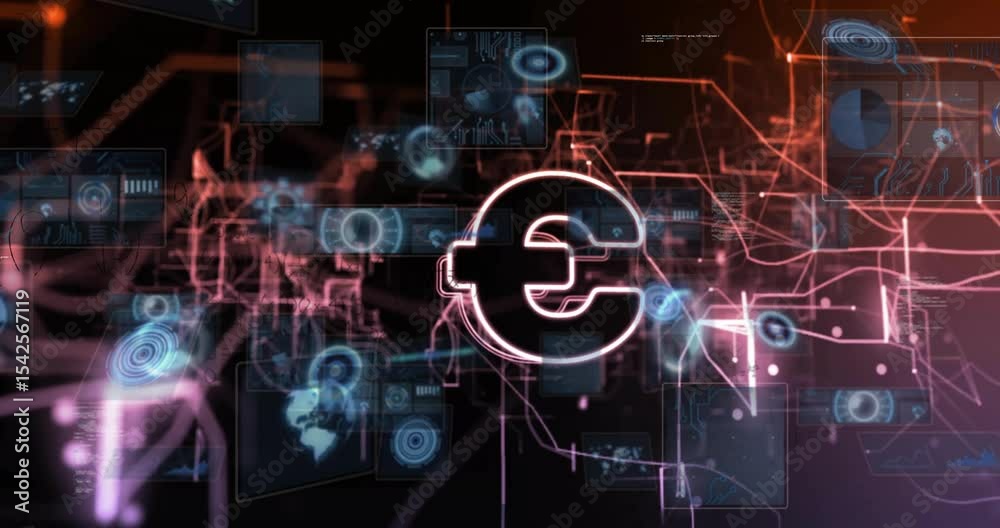 Red-orange circuits emerging from void, converging into neon euro symbol representing digital funds