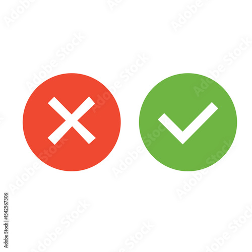 Vector illustration of red and green round buttons with cross and tick symbols. Accepted and denied. Yes and no.