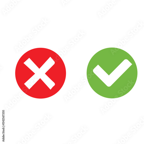 Vector illustration of red and green round buttons with cross and tick symbols. Accepted and denied. Yes and no.
