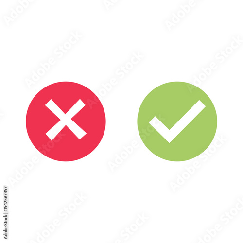 Vector illustration of red and green round buttons with cross and tick symbols. Accepted and denied. Yes and no.