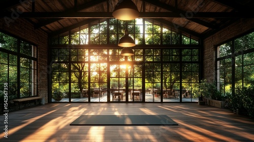Wallpaper Mural Spacious yoga studio with large windows showcasing a lush garden. Sunlight streams in, illuminating a wooden floor and yoga mat Torontodigital.ca
