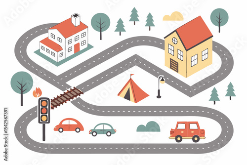 Children’s illustrated road map with cars, houses, and forest camp scene