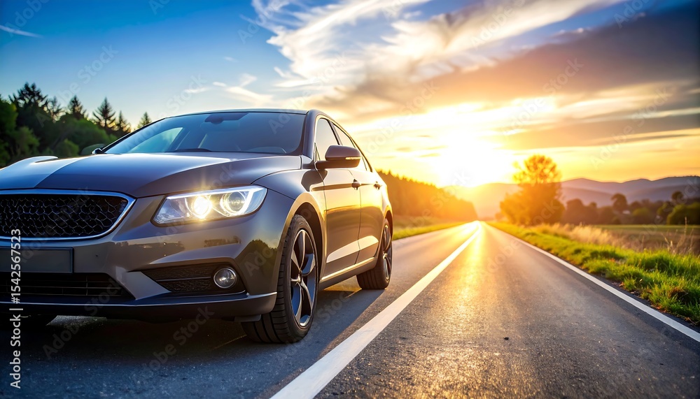 Fototapeta premium A sleek sedan with LED headlights speeds down a sunlit open road at sunset, conveying freedom.
