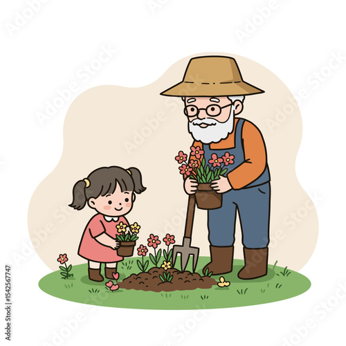 Grandpa planting with grandchild in garden during springtime  