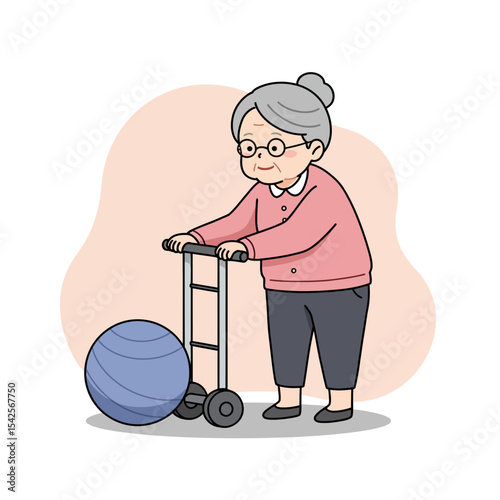 Elderly woman using a walker during physical therapy session  