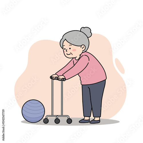 Elderly woman practicing physical therapy using walker and exercise ball  