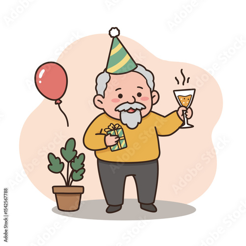 Elderly man celebrating retirement party at home with gift and drink  