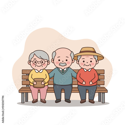Senior friends sitting together on park bench in cheerful mood  