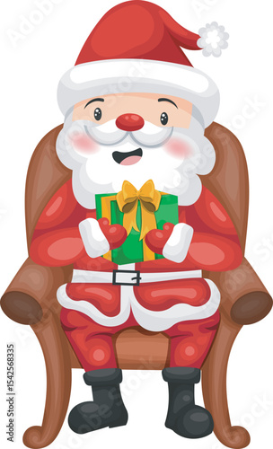 Cheerful Santa Claus in Armchair with Gift