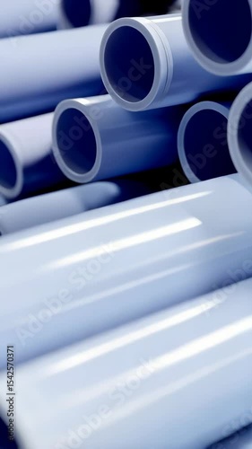 Stacked white PVC pipes with smooth surfaces in an organized parallel configuration, conveying construction material and industrial applications