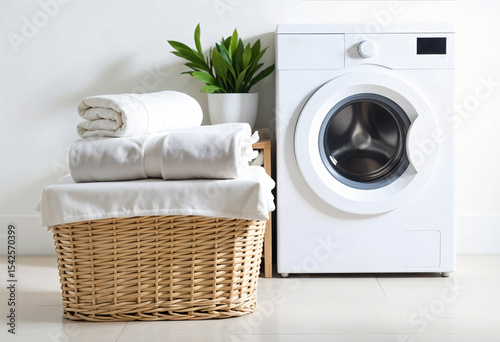 Stack of clean folded textile duvet covers on blurred laundry room background