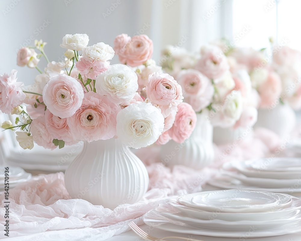Fototapeta premium Elegant flower vase centerpiece with soft pink and white ranunculus flowers for a sophisticated table setting