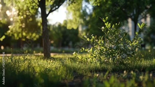Sunny park scene with lush greenery, small flowers, and trees. Sunlight filters through the foliage