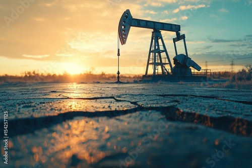 Oil pumpjack during sunset in an oilfield landscape