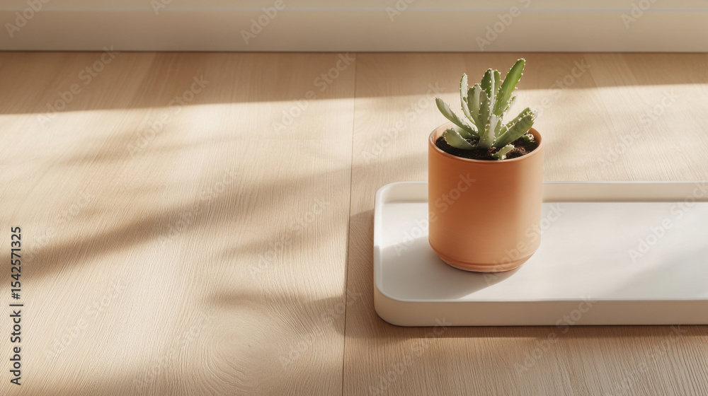 Fototapeta premium Minimalist close-up of a terracotta pot with a small cactus on wooden surface