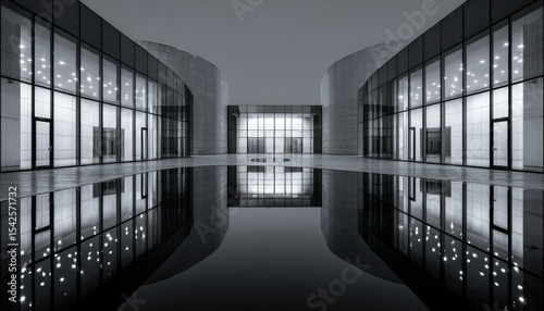 Modern architecture of a sleek office building with large glass windows and a reflective pool in monochrome style