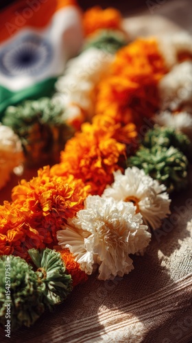 Wallpaper Mural Vibrant marigold garlands on silk for India Independence Day, celebrating national pride and unity. Torontodigital.ca