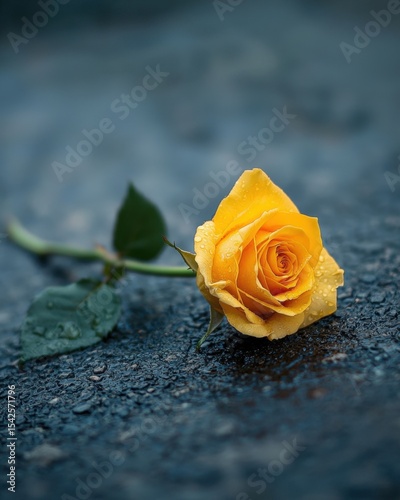 Yellow rose with water droplets lying on a wet dark surface