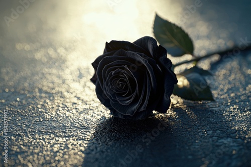 A black rose lying on a reflective textured surface with soft backlighting