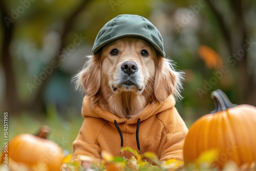 Adorable dog dressed in hoodie and cap surrounded by pumpkins in autumn setting