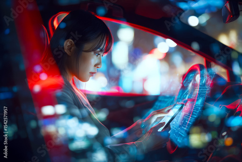 A woman using a smartphone inside a futuristic vehicle with digital interfaces at night