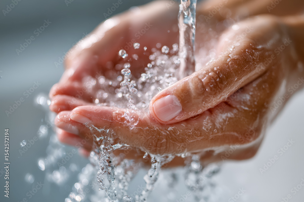 Fototapeta premium Person washing hands with water splashing and flowing