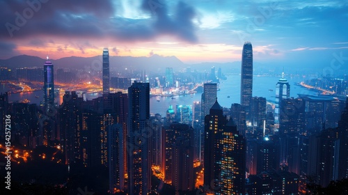 Wallpaper Mural an aerial panoramic cityscape view across hong kong island from victoria peak showcasing iconic skyscrapers against a picturesque sunset horizon and the shimmering victoria harbour Torontodigital.ca