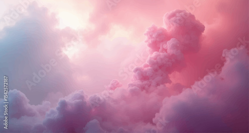 Fluffy white cumulus clouds drift across a bright blue sky, illuminated by the sun's warm rays, creating a serene summer cloudscape