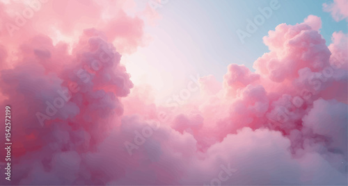 Fluffy pink clouds bathed in sunlight paint a beautiful, bright blue sky, creating a heavenly summer cloudscape