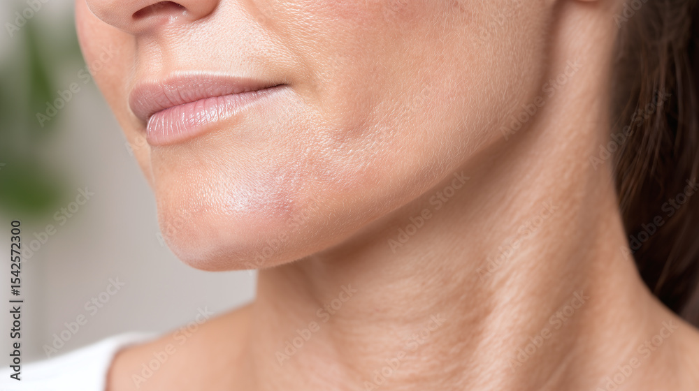 Obraz premium Close up of smooth skin on lower face and neck showing natural texture and healthy complexion with soft lighting and neutral background for skincare or beauty concept