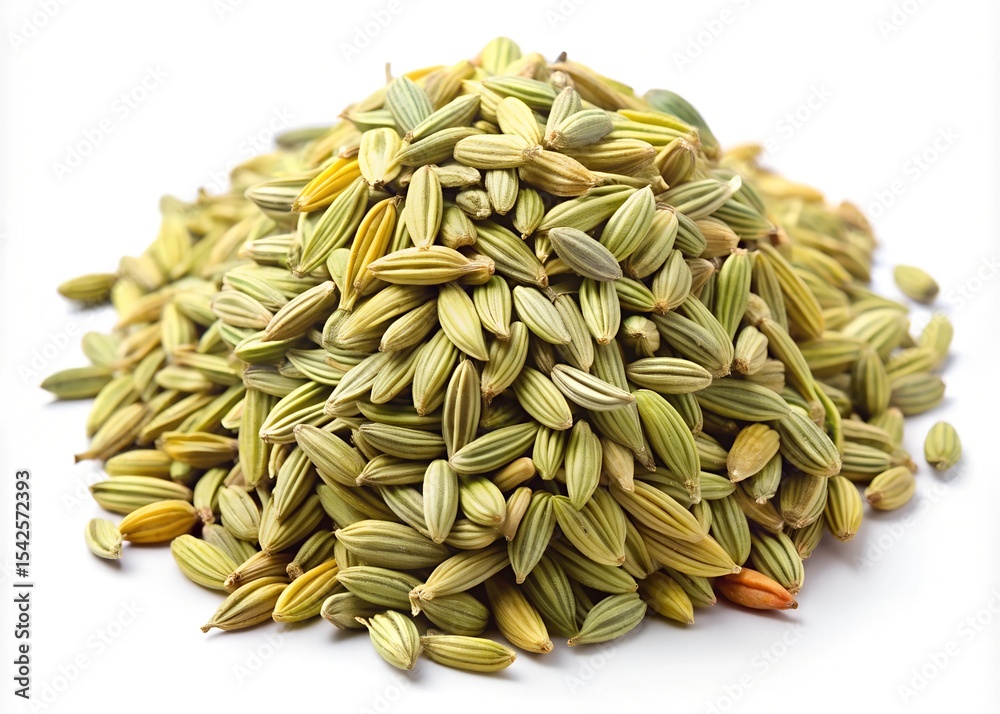 Obraz premium A close up view of a pile of dried green fennel seeds on a white background