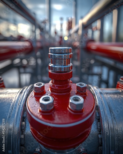 Close-up of a red fire hydrant on a city street, with the urban background blurred