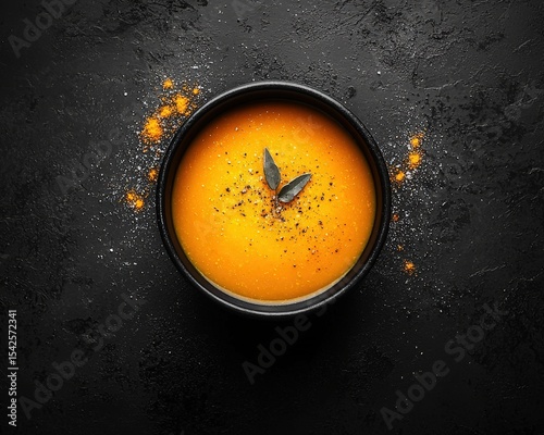 Vibrant orange soup garnished with herbs and spices in a black bowl on dark textured background