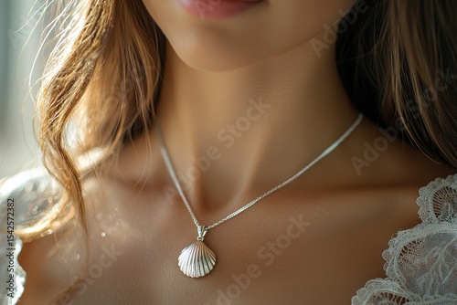 Close-up of a woman wearing a seashell pendant necklace and lace clothing
