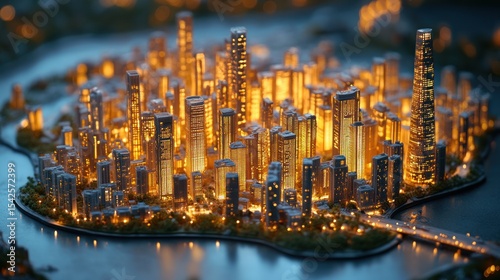 intricate miniature cityscape showcasing illuminated skyscrapers and bridges nestled within a reflective river setting creating a captivating urban tableau evoking dreams and ambitions