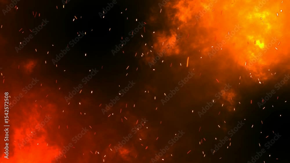 Fiery inferno abstract background with glowing particles and smoky orange clouds